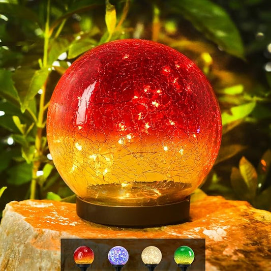 Outdoor Waterproof Solar Gradient Red Globe Lights, Led Solar Round Gazing Balls Ornaments for Lawn Garden Patio Table Art Decoration, Back Yard Landscape Illuminated Cracked Glass Sphere Light Orbs Rootora