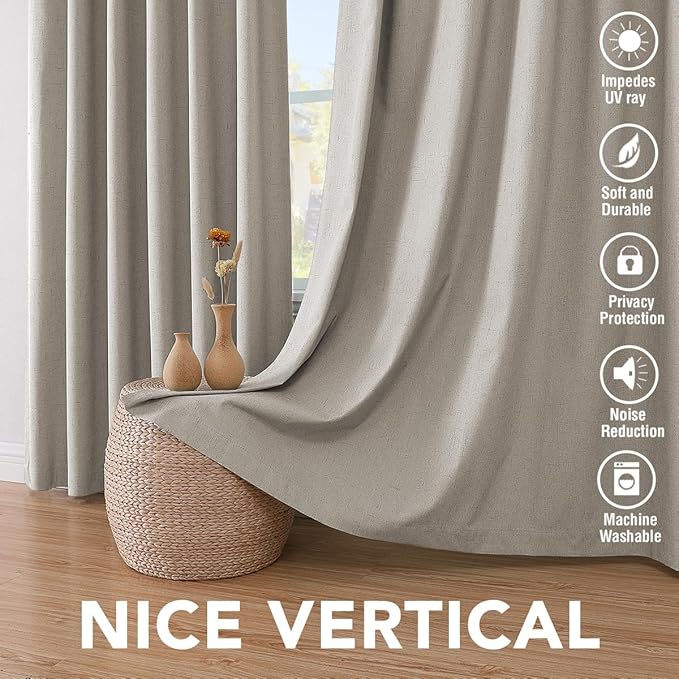 H.VERSAILTEX Linen Blackout Curtains 45 Inches Long 100% Absolutely Blackout Thermal Insulated Textured Linen Look Curtain Draperies Anti-Rust Grommet, Energy Saving with White Liner, 2 Panels, Stone HVERSAILTEX