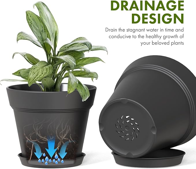 7 Inch Thick Plastic Plant Pots with Drainage Holes and Trays – 6 Pack Nursery Pots for Indoor & Outdoor House Plants, Seedling Starter Planters for Garden Flowers, Matte Black WSMKSZ