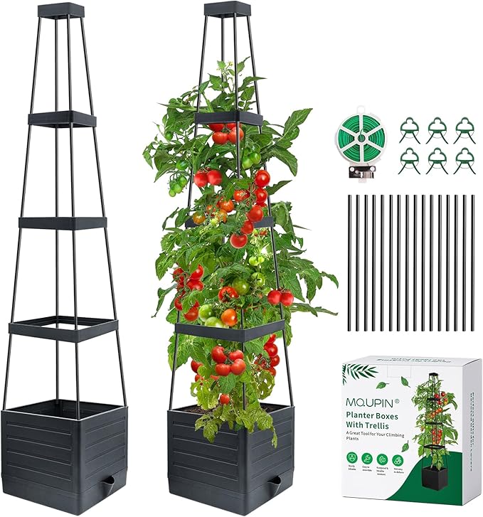 MQUPIN Tomato Planter Box with Trellis for Garden, 57 Inch Self-Watering Raised Garden Bed, Patio Tomato Cage for Climbing Vegetables & Flowers, Upgraded Tomato Pot for Indoor Outdoor Use (2 Pack) MQUPIN