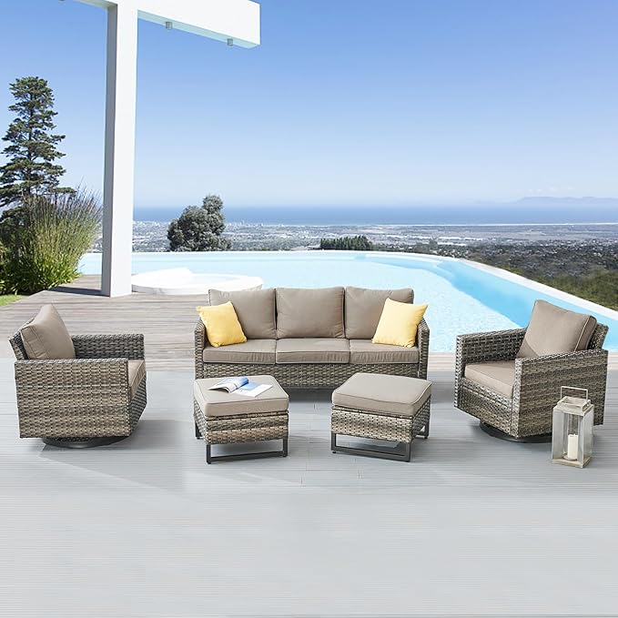 Belord Wicker Patio Furniture 5 Piece Outdoor Sofa Set, Oversize Outdoor Swivel Rocker Chairs with Rattan Ottomans, Conversation Sets Patio Furniture Come with Removable Washable Cushion Grey Belord