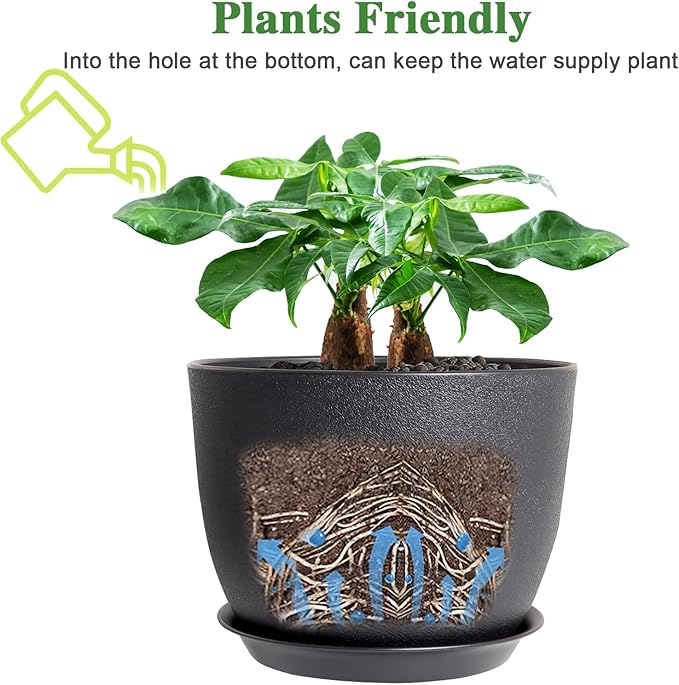 12inch Large Plant Pot, Modern Plastic Planter with High Driange Holes and Saucer for Indoor Outdoor Garden Plants and Flowers, Black UOUZ
