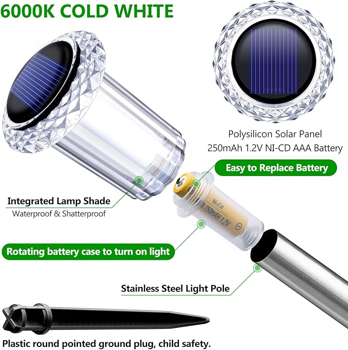 DenicMic Solar Lights Outdoor 15 Pack Waterproof 6000K Cold White LED Stainless Steel Stake Outside Lights for Yard Pathway Garden Driveway Walkway Landscape Path Lighting Denicmic