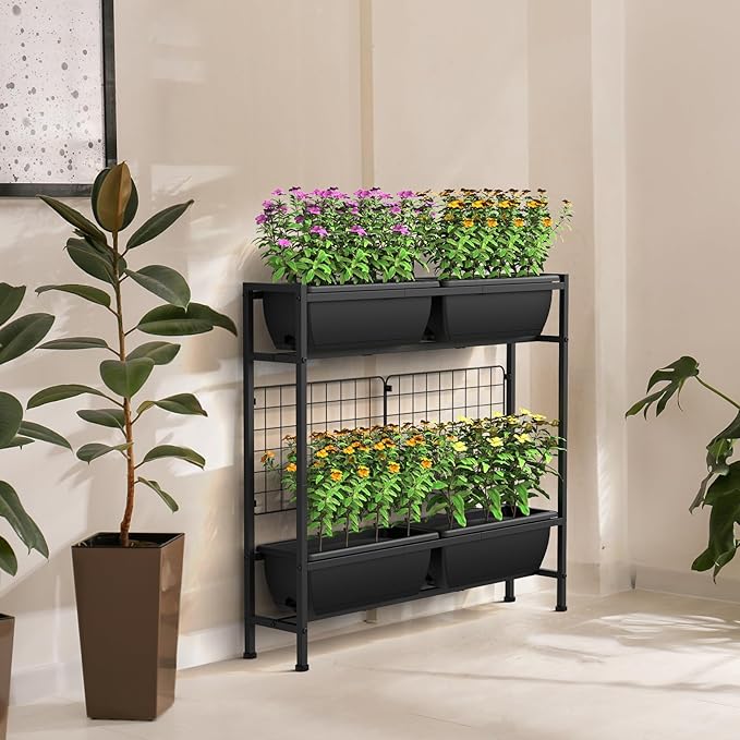 CADUKE Raised Garden Bed, Garden Raised Planter Box with Legs, 32" Elevated Vegetable Garden Beds with Drainage Holes & Trellis, Herb Garden Planter Outdoor for Vegetables, Balcony, Patio, Black CADUKE