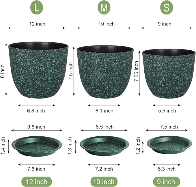 Large Flower Pots 12/10/9 inch, Set of 3 Decorative Plastic Planters with Drainage Holes and Saucers for Garden House Plants, Plant Pots for Indoor Outdoor Plants, Black with Green Speckles WSMKSZ