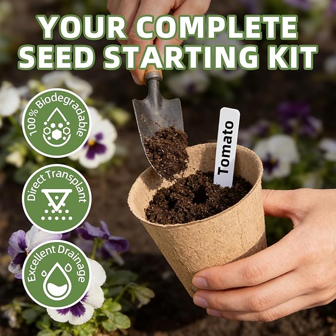 70Pcs Biodegradable 4” Peat Pots with 70Pcs Plant Labels, Biodegradable Seed Starter Pots with Drainage Holes, Nursery Pots for Seedlings, Herbs, Vegetables, Flowers, Gardening Kit Cleangor