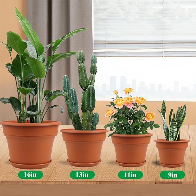 16 inch Plastic-Flower-Pot-for-Indoor-Plants, 4 Pack Large Outdoor Planter Pot with Drainage Holes & Saucers, Resin Decorative Garden Pots Planters Pottiffe