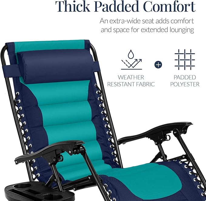 Best Choice Products Oversized Padded Zero Gravity Chair, Folding Outdoor Patio Recliner, XL Anti Gravity Lounger for Backyard w/Headrest, Cup Holder, Side Tray, Polyester Mesh - Navy/Teal BestChoiceProducts