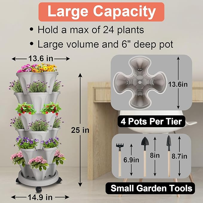 GameXcel Vertical Planter 6 Tier Stackable Planters Garden Planters Strawberry Herb Flower and Vegetable Planter Indoor Outdoor Gardening Pots with Removable Wheels and Tools 2-Pack GameXcel