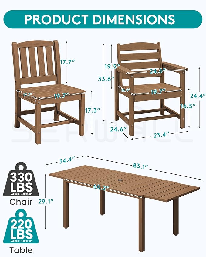 SERWALL 11-Piece Outdoor Dining Set, 60" - 83" Expandable Outdoor Dining Table and 10 HDPE Chairs, All Weather HDPE Outdoor Furniture Set for Backyard, Garden, Brown SERWALL