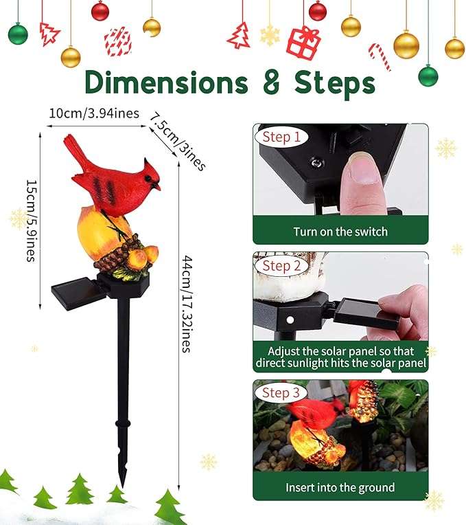Cardinal Decor Solar Garden Decor Waterproof Red Bird Figurine Solar Stake Lights for Outside Yard, Patio, Lawn, Porch, Cemetery, Grave LAIAMER