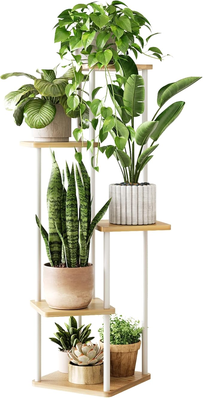 Tall Plant Stand Indoor 5 Tiered Plant Shelf for Multiple Plants Coner Shelf Stand Wood Plant Stand Metal Shelving for Living Room Bedroom Balcony Patio White Gentingbro