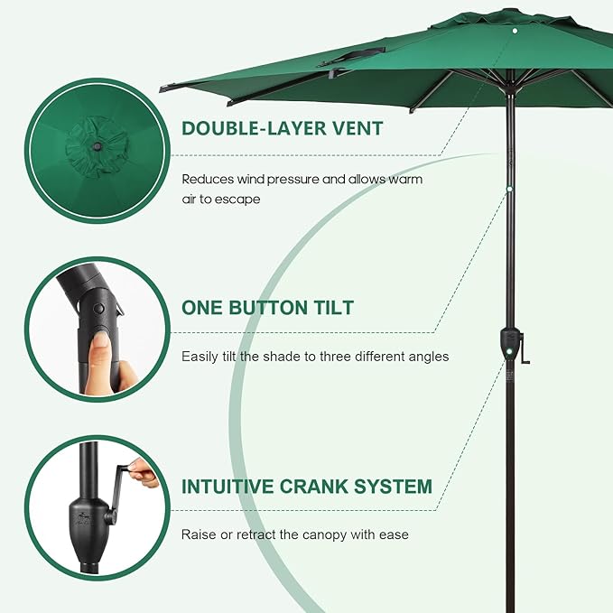 Abba Patio 9FT Lyon Outdoor Patio Umbrella Outdoor Table Umbrella with Push Button Tilt and Crank Market Umbrella 8 Sturdy Ribs UV Protection Waterproof for Garden Deck Backyard Pool Dark Green AbbaPatio
