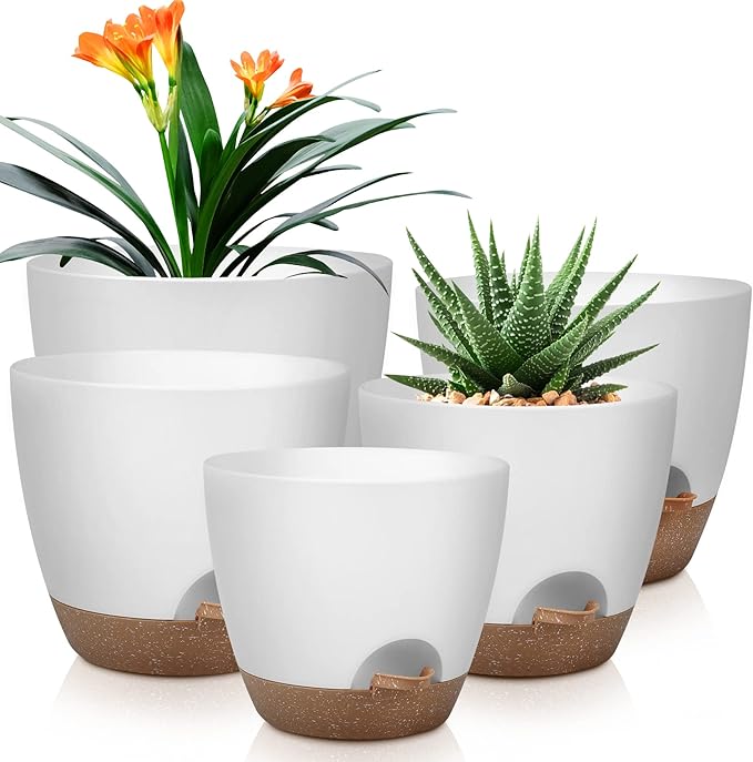 Plant Pots 10/9/8/7.5/7 Inch Self Watering Pots, Set of 5 Plastic Planters with Drainage Holes and Saucers,Plastic Flower Pots,Nursery Planting Pot for Indoor Out Door Plants（White） QRRICA