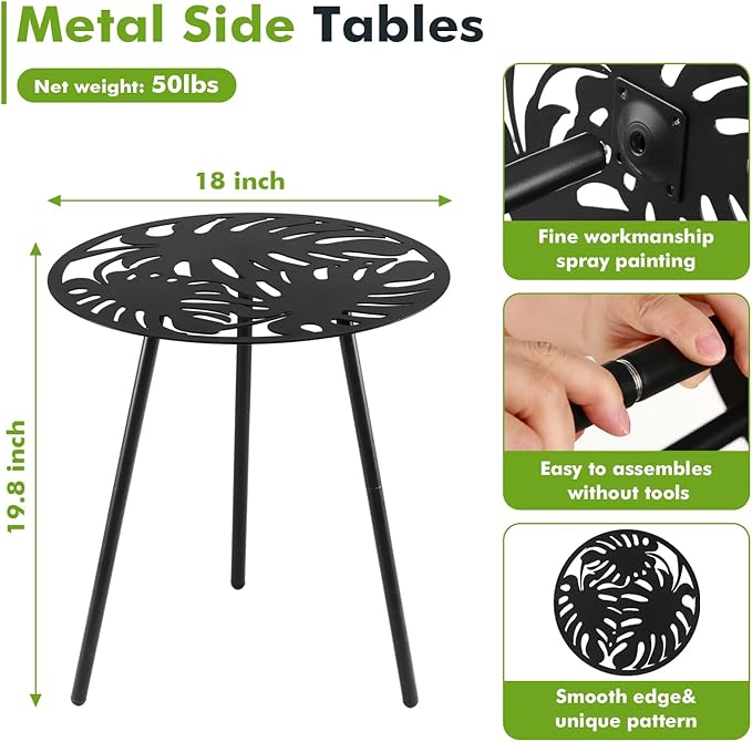 1 Pack Extra-Large Metal Outdoor Side Tables 18 Inches Outside End Table for Patio Round Accent Garden Corner Table for Small Spaces, Balcony, Porch Plant Stand Indoor PartyZealot