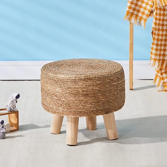 Cpintltr Foot Stool Natural Seagrass Hand Weave Poufs Round Ottoman for Couch Desk Soft Step Stool Padded Foot Rest with Non-Skid Pine Legs for Hallway Office Lounge Natural CpintltrFruniture