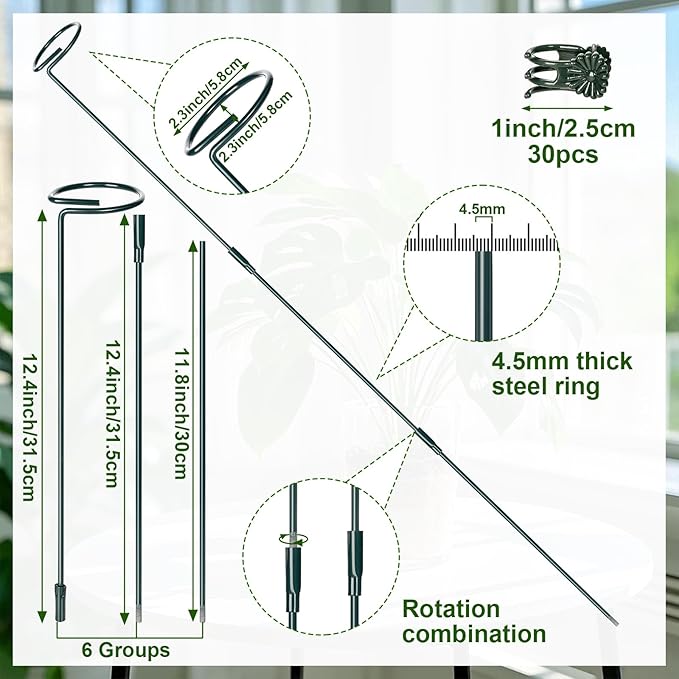 Mwellewm 6 Sets Plant Stakes 12/25/36 Inch Adjustable Plant Support Stakes Tall for Indoor Outdoor Plant Holder Stick Steel Garden Stem Pole Amaryllis Stakes with 30 Clip for Tomato Orchid Lily Flower Mwellewm