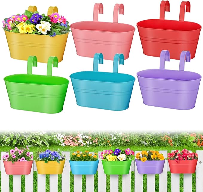 MADHOLLY Railing Planter with Drainage Holes - 6Pcs Sturdy Bucket Pots for Railing Fence, Countryside Style Metal Flower Pots for Herbs Balcony Garden Yard Decor, Colorful MADHOLLY