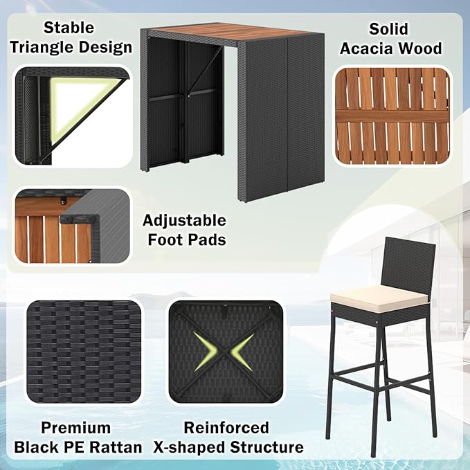 RELAX4LIFE 5-Piece Outdoor Bar Set - Wicker Rattan Bar Height Dining Table w/Acacia Wood Top & 4 Bar Stools Chairs w/Seat Cushions, Backrest, Footrest, Outside Patio Bistro Set for Backyard (47.5'') RELAX4LIFE
