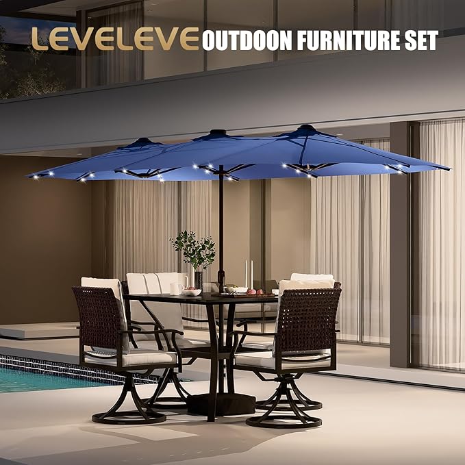 LEVELEVE 14FT Large Patio Patio Umbrella with Base & Solar LED Lights - Double-Sided,Blue Enjoyyourlife