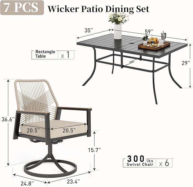 Patio Dining Set 7 Piece, 6 x Woven Rattan Swivel Chairs with Waterproof Cushion, 59" Rectangular Metal Dining Table with Umbrella Hole, Outdoor Table and Chairs Set for Backyard Lawn and Deck, Beige SUNSHINEVALLEY