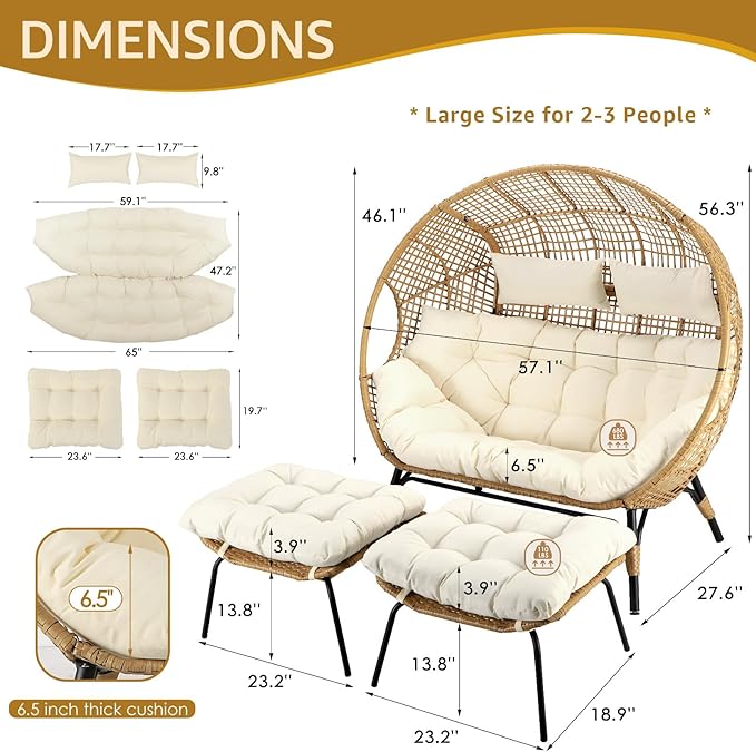 NICESOUL Indoor Outdoor Double Egg Chair with Ottoman Padded Cushions, 57.1" Plus Size XL Wicker Lounge Chair Deep Seating with Footrests, 2 Person Loveseat for Patio Porch Balcony Cream Beige NICESOUL