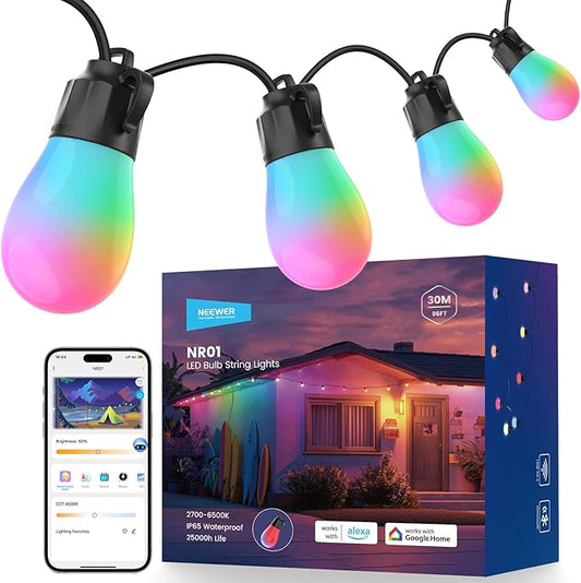 NEEWER 96ft Outdoor String Lights, App Control Smart AI RGBW Hanging Outside Warm White Patio Balcony Backyard Lighting, IP65 Waterproof, 30 LED Bulbs, 50+ Scenes, Compatible with Alexa Google, NR01 Neewer