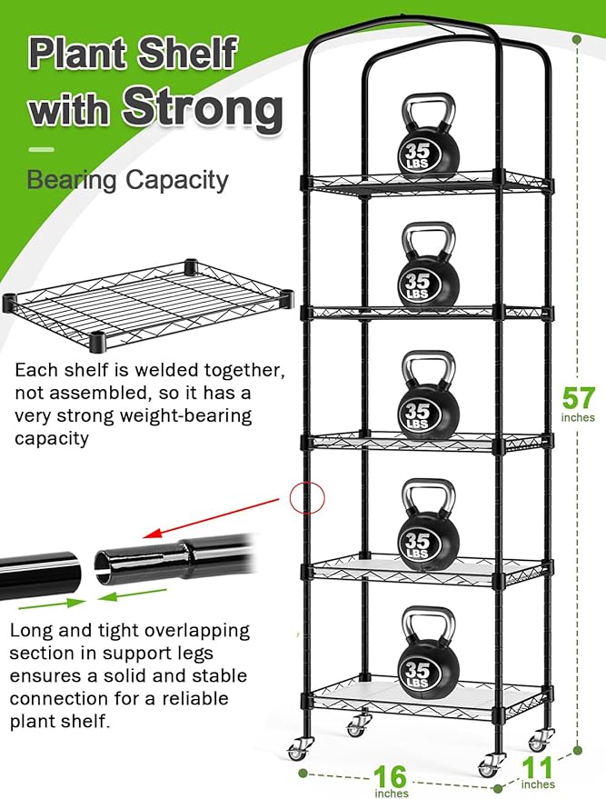 Abimars 5-Tier Mini Greenhouse with Caster Wheels, Each Shelf Height Adjustable Metal Plant Shelf with PVC Cover for Seed Starting Trays, Seedling Pots, Plant Pots, 11x16x57inch Abimars