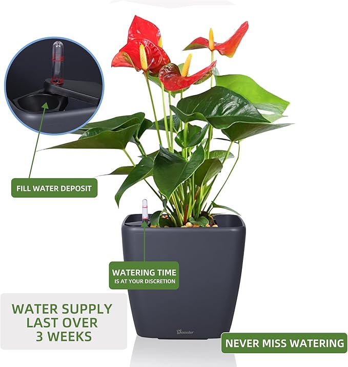 Dexceder 13x12 Self Watering Planter with Wheels Indoor Outdoor, Inner Mat Design, Thickened Large Floor Standing Flower Plant Pot with Water Level Indicator (Slate Gray Matte) Dexceder