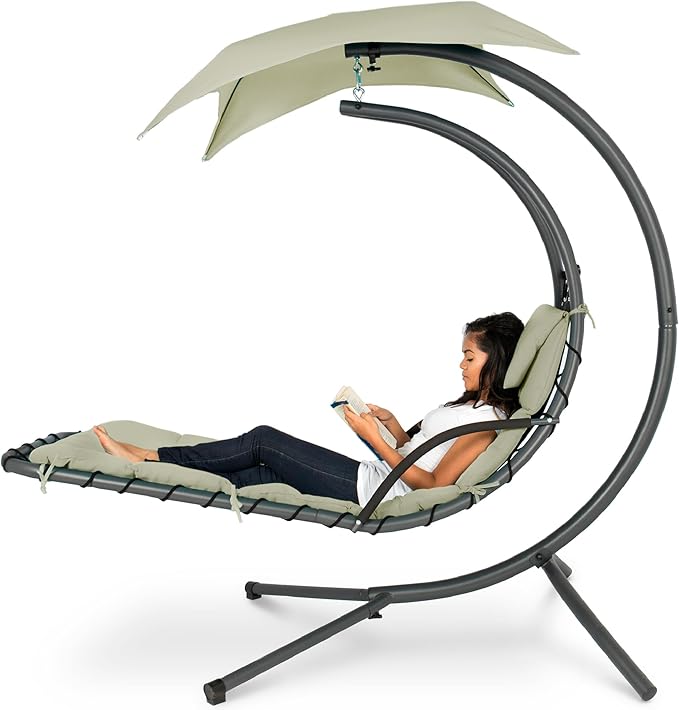 Best Choice Products Outdoor Hanging Curved Steel Chaise Lounge Chair Swing w/Built-in Pillow and Removable Canopy - Sage BestChoiceProducts