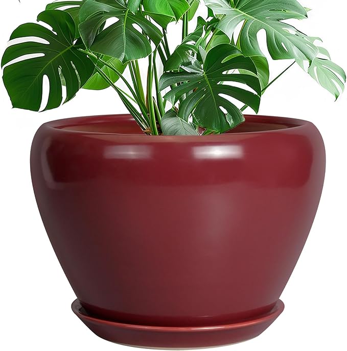 10 Inch Plant Pot - Ceramic Planter Pot with Drainage Hole and Saucer Large Planter for Indoor Plants Round Outdoor Flower Pot Mid-Century Decor Red Ceramicfor