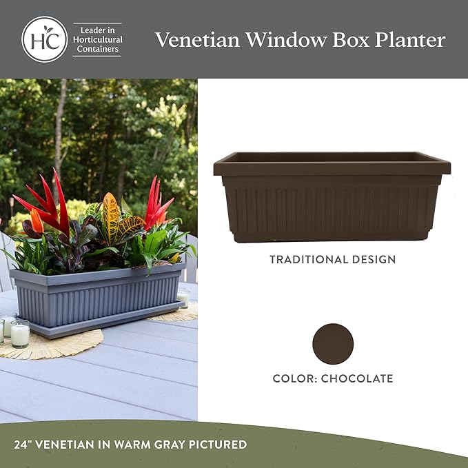 The HC Companies Venetian Window Planter Box w/Drain Plug - Long Planter Box for Windowsills, Balconies & More - Plastic Large Rectangular Planters for Herbs & Flowers (24" Chocolate, Pack of 1) TheHCCompanies