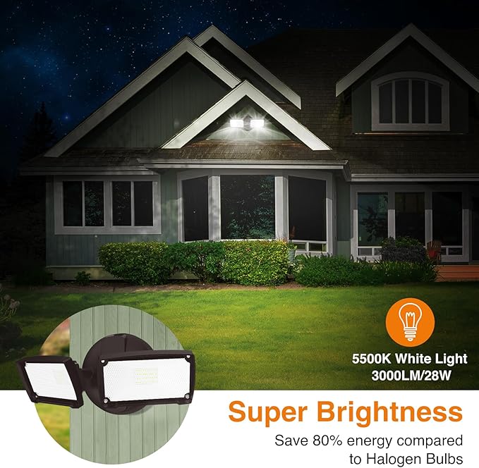 LEPOWER 3000LM LED Flood Light Outdoor, Switch Controlled LED Security Light, 28W Exterior Lights with 2 Adjustable Heads, 5500K, IP65 Waterproof for Garage, Yard, Patio Brown LEPOWER