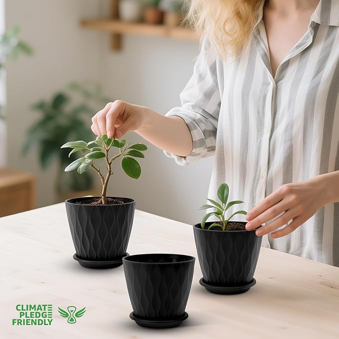 4 inch Plant Pots, 5 Pack Flower Pots Outdoor Indoor, Planters with Drainage Holes and Tray Saucers(Black) AFamilyofGardenLovers