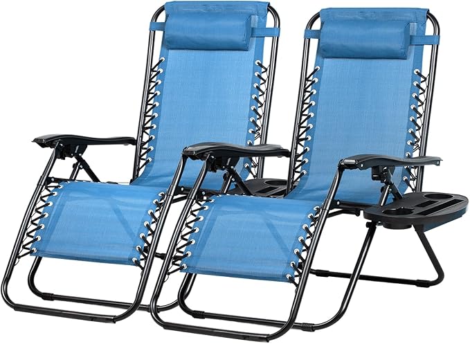 Nazhura Set of 2 Relaxing Recliners Patio Chairs Adjustable Steel Mesh Zero Gravity Lounge Chair Beach Chairs with Pillow and Cup Holder (Sky Blue) NazhuraGoodCompanionAtHome