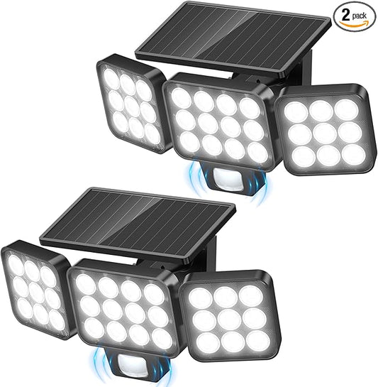 WdtPro Solar Lights Outdoor Flood Light, 3500LM Bright Motion Sensor Outdoor Lights, 3 Heads & Upgrade Glass Panel, LED Solar Powered Security Light Spotlights Waterproof for Outside Yard-2Pack WdtPro