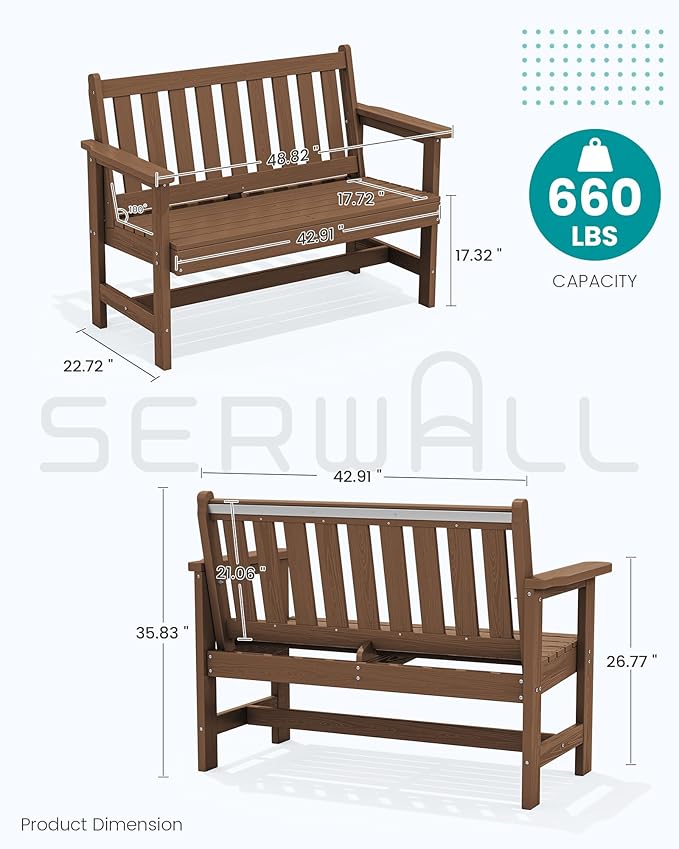 SERWALL Outdoor Bench, HDPE Outdoor Benches Weatherproof, 2-Person Garden Bench with 660 lbs Weight Capacity, Patio Benches for Outdoors, Garden, Porch, Backyard and Park, Brown SERWALL