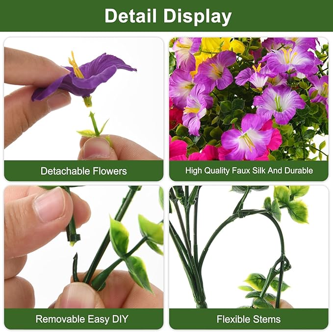 INQCMY Artificial Flowers for Outdoors Fake Plants Spring Decoration, 12 Bundles Faux Petunias UV Resistant No Fade Realistic Silk Flower for Outside Planters Patio Porch Yard Window Box INQCMYPlantRack