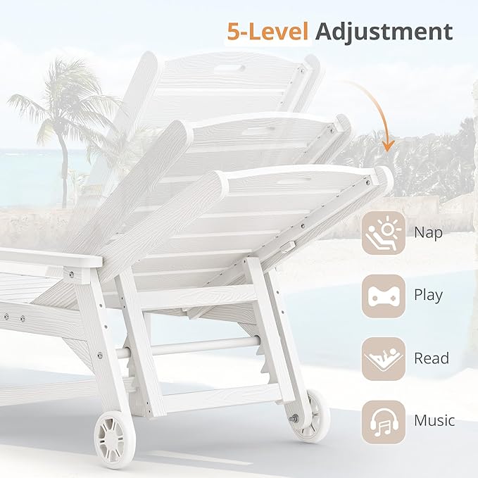 LUE BONA Chaise Lounge Chair with Table, 6-Piece, HDPS Chaise Lounger, 5 Positions Adjustable Lounge Chairs, Pool Lounge Chair with Wheels for Poolside, Backyard, White LUEBONA