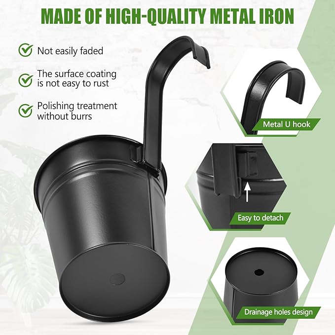 OBTANIM 12 Pack Metal Hanging Flower Pots Railing Planter Outdoor Fence Hanging Bucket Plant Holder with Detachable Hooks Drain Holes for Home Garden Yard Decor (Black, 4 x 4 Inch) OBTANIM