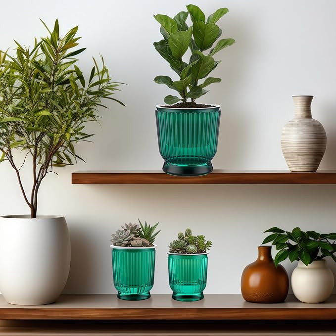 Set of 6 Self Watering Plant Pot 3 Sizes Plastic Double Layer Self Watering Flower Pot with Multi Mesh Drainage Holes Wicking Reservoir for Indoor Outdoor Garden Plants(Green) Rootora