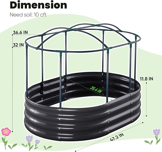 KING BIRD Raised Garden Bed with Cover Galvanized Oval Planter Garden Box Outdoor for Gardening, Vegetables, Flowers 47.2x35.4x11.8 in, Clear KINGBIRD