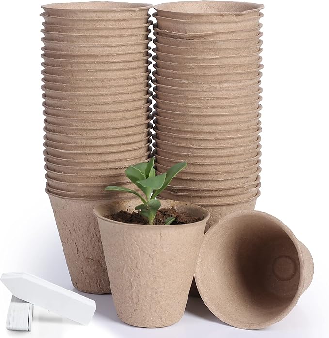 JERIA 50-Pack 3.15 Inch Peat Pots for Seedling with 50 Pcs Plant Labels,Outdoor Garden Germination Nursery Pots,Biodegradable Seed Starter Pots Kits JERIA