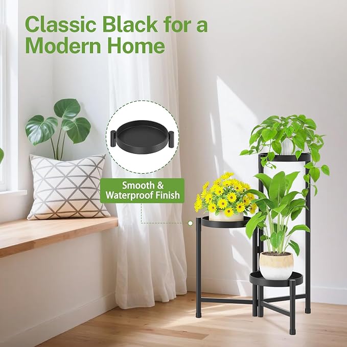 iDavosic.ly Plant Stand Indoor Outdoor, 3 Tier Corner Metal Flower Display Holder Shelf, Easy Assembly Folding Tall Orchid Rack for Patio Balcony Porch Garden Living Room House, Black iDavosicly