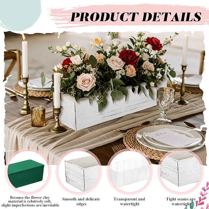 Dandat 10 Set Rectangle Wooden Planter Wood Boxes for Centerpieces Rustic Wooden Planters with Removable Plastic Liner Floral Foam Blocks for Wedding Table Bookshelf (12 x 4 Inch,White) Dandat