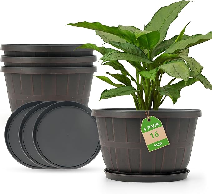 Quarut 16 Inch Brown Classic Plastic Whiskey Barrel Planters Set of 4 with Drainage Holes & Trays for Indoor & Outdoor Use Quarut