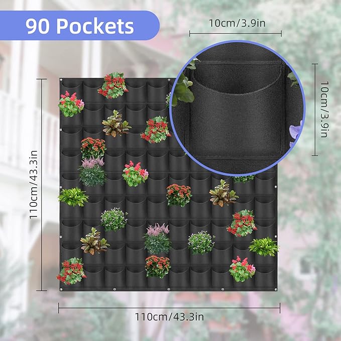 90 Pockets Hanging Planter Bags, Hanging Vertical Wall Mounted Plant Planting Grow Bags, Herb Garden Planter Outdoor Indoor Growing Bag, Gardening Vertical Greening Flower Container(1.1m×1.1m, Black) Pehciroe