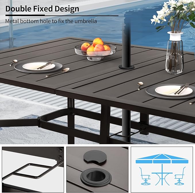 Outdoor Metal Steel Rectangle Patio Dining Table, 6 Person Patio Table with Adjustable Umbrella Hole, Weather-Resistant for Garden Backyard Porch, Dark Brown ADREAK