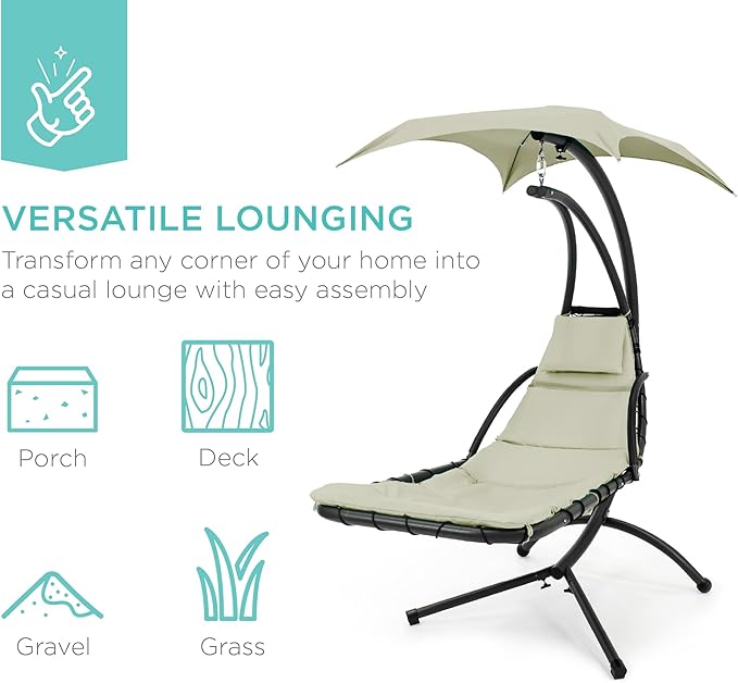 Best Choice Products Outdoor Hanging Curved Steel Chaise Lounge Chair Swing w/Built-in Pillow and Removable Canopy - Sage BestChoiceProducts