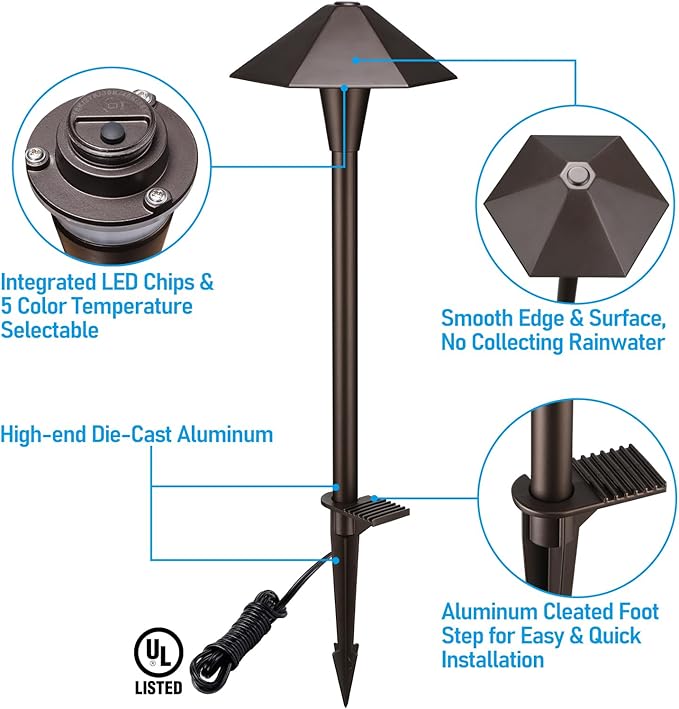 LEONLITE 5CCT Low Voltage Pathway Lights, LED Landscape Path Lights, 1800/2700/3000/4000/5000K, Hexagon Head, 12-24V AC/DC, IP65 Outdoor Walkway Light, Oil Rubbed Bronze Aluminum, Pack of 6 LEONLITE